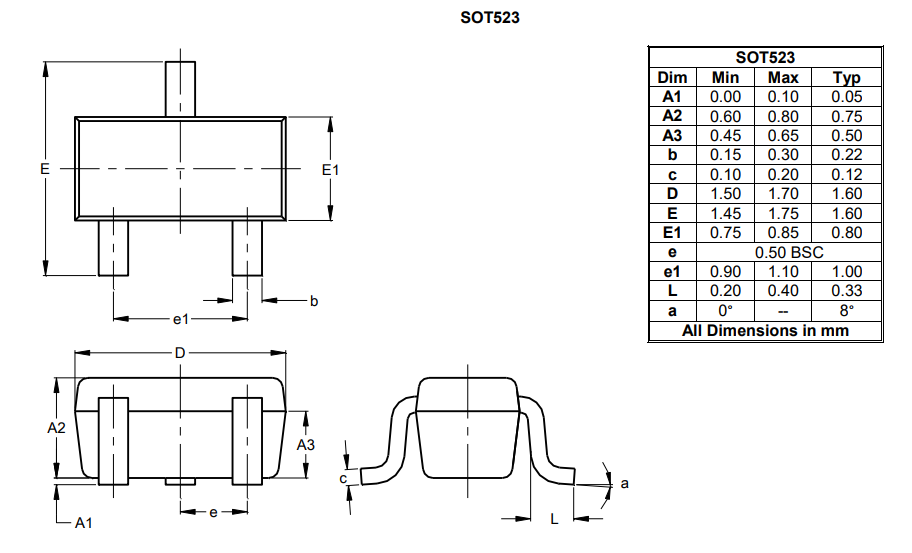 机械图纸 - Diodes Incorporated DMN52D0LT N沟道增强模式MOSFET